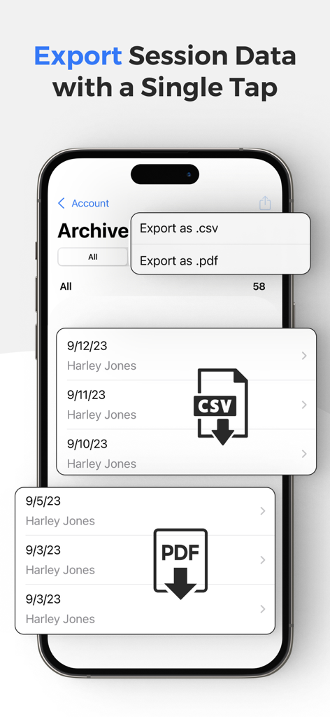 PT Sessions app interface showing data export options for CSV and PDF formats