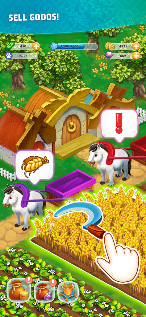 Harvest Land - Schermata del gioco mobile Harvest Land che mostra la raccolta di grano con una falce e cavalli con carretti