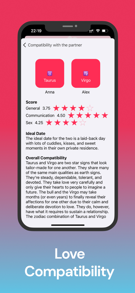We together: love calculator - Tela de compatibilidade de signos mostrando pontuações de relacionamento e análise para os signos de Touro e Virgem