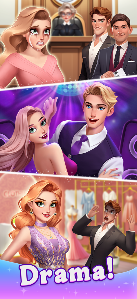 A collage showing a woman crying in a courtroom, dancing at a party, and appearing glamorous in a clothing store with the word Drama