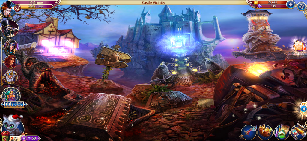 Gameplay screenshot of Midnight Castle showing a glowing gothic castle at night in the Castle Vicinity level