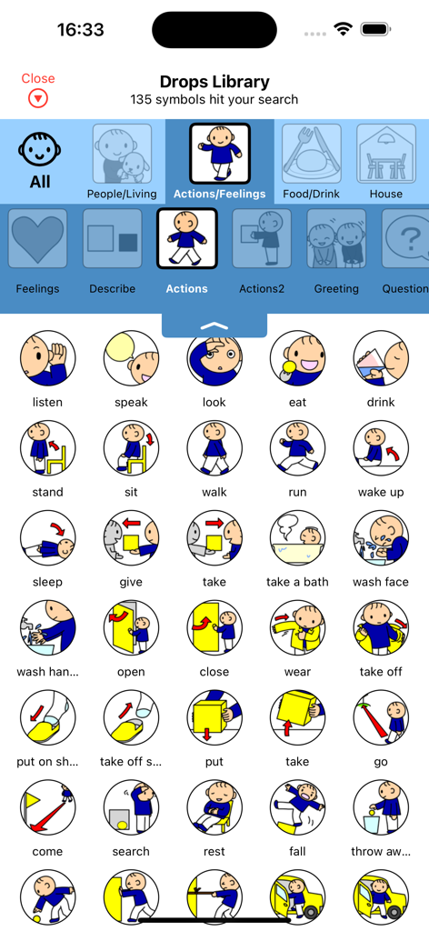 Drops library in DropTap app displaying action icons for assistive communication
