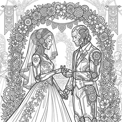 Embark on a unique coloring journey with this captivating scene featuring two relic cyborgs exchanging vows. This intricate design blends ancient technology with timeless romance, offering a truly original artistic experience.