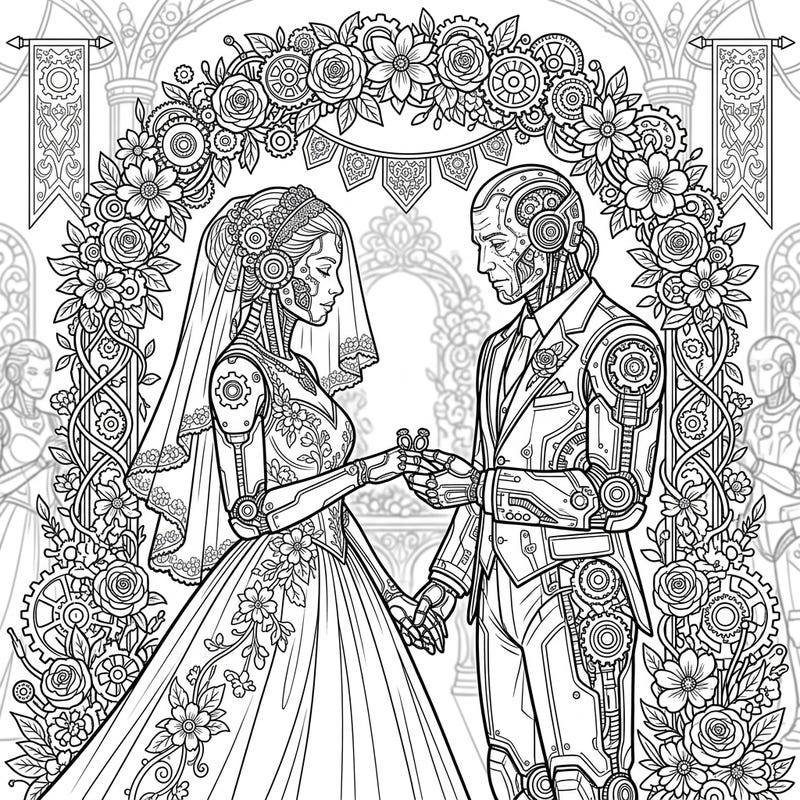 Embark on a unique coloring journey with this captivating scene featuring two relic cyborgs exchanging vows. This intricate design blends ancient technology with timeless romance, offering a truly original artistic experience.