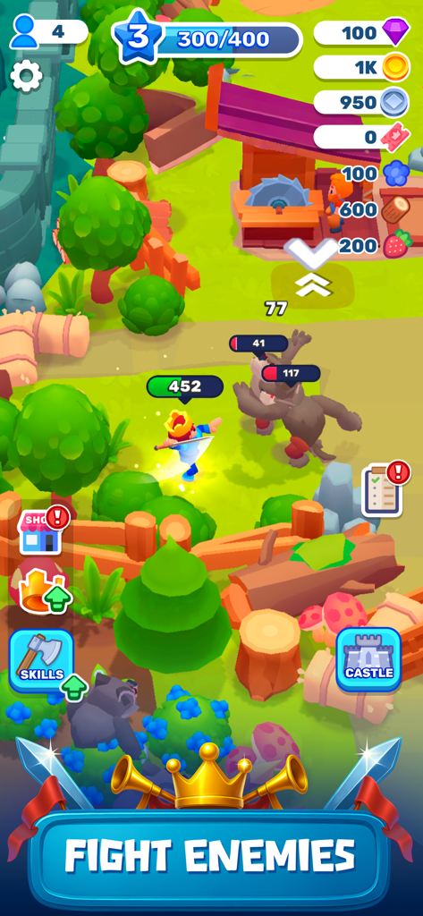 A king character fighting a bear monster in the Royal Lands mobile game.