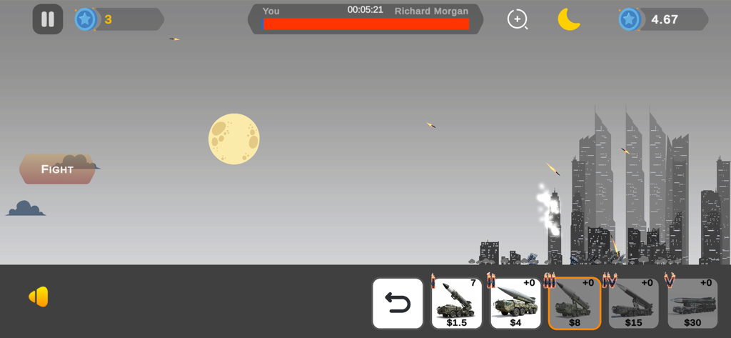 A night scene of a city under missile attack in the Rain of Fire ICBM War mobile strategy game showing various missile launchers for defense.