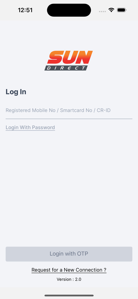 My Sun Direct App - Login screen of the My Sun Direct app for account management.