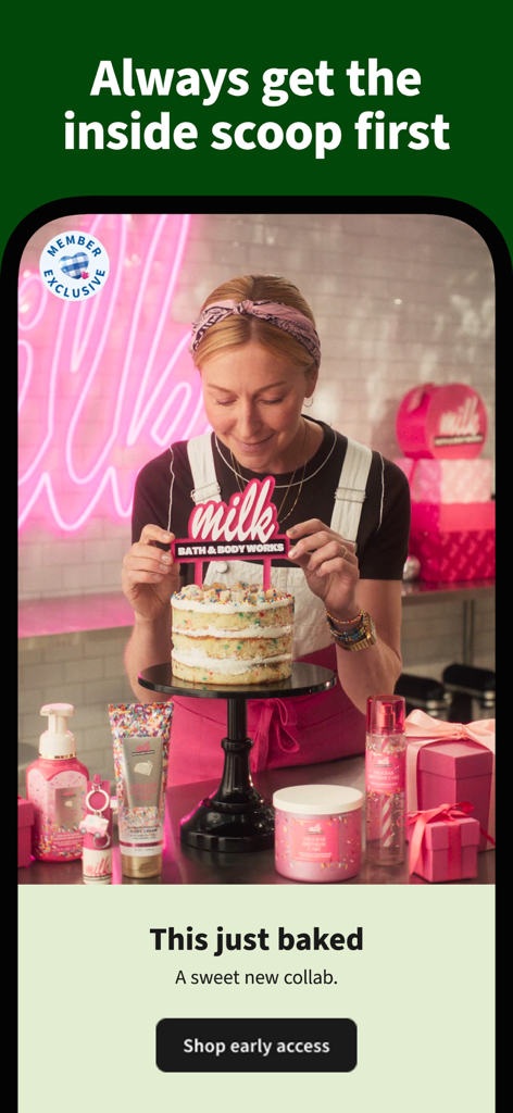 Pantalla promocional para el acceso anticipado a la colaboración de Milk Bar en la aplicación de Bath and Body Works