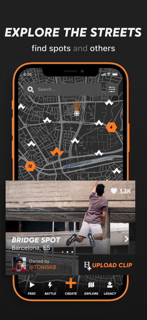 CityLegends: Skate BMX Parkour - CityLegends app interface showing a map of street sports spots and a parkour video clip from Barcelona