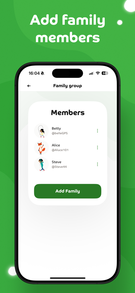 Interface of the Beat the Street app for managing family members and adding new ones to a group