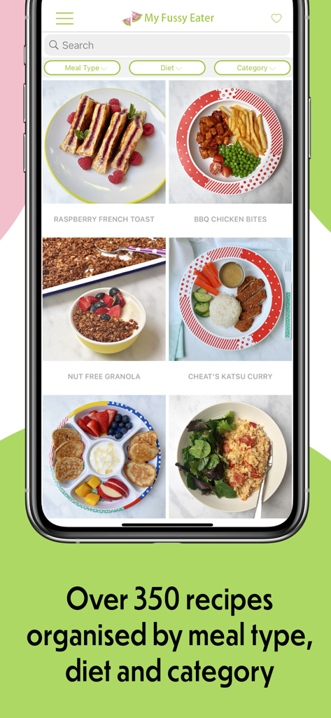 My Fussy Eater app interface displaying healthy recipes for children with dietary filters