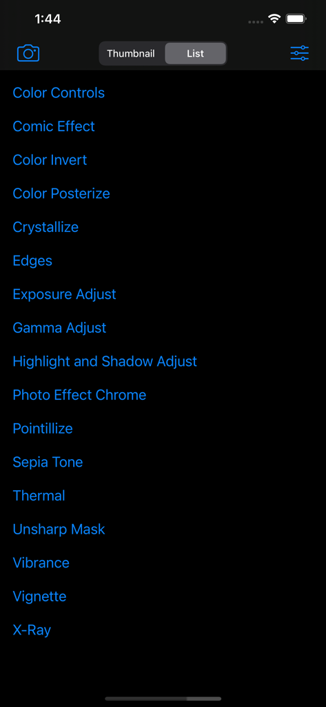 Un elenco verticale di filtri di editing fotografico in un'interfaccia dark mode, inclusi Effetto Fumetto, Tonalità Seppia e Termico