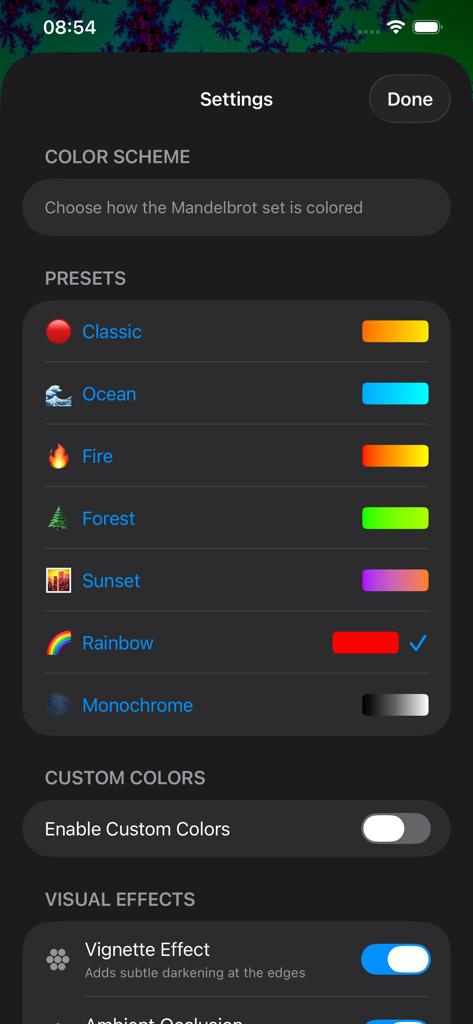 Mandel-Zoom - The settings menu of the Mandel-Zoom app showing various color scheme presets like Classic Ocean Fire and Rainbow for fractal art