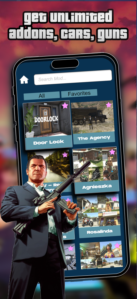 Maps & Mods for Gta 5 - A smartphone screen displaying a menu of various mods for GTA 5 including character skins and gameplay addons