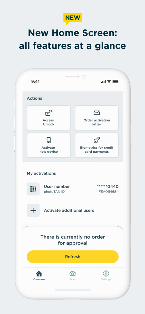 The home screen of the Commerzbank photoTAN app displaying action shortcuts and account activation status