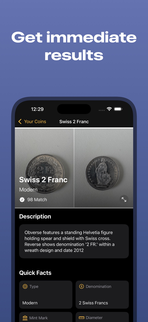 Coin Identifier: Value Scanner - A screenshot of the Coin Identifier app showing the identification results for a Swiss 2 Franc coin with its description and quick facts.