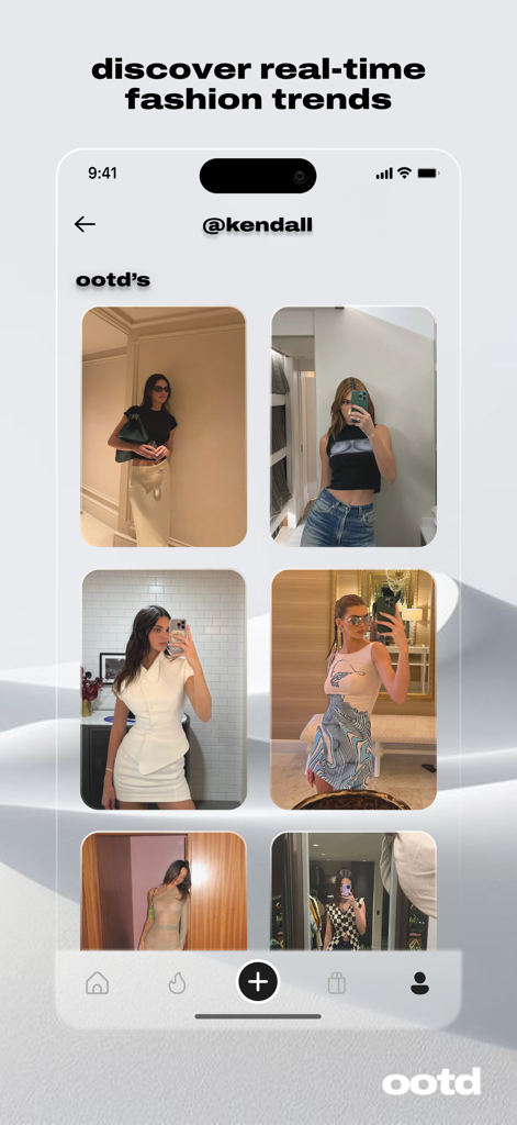 OOTD app interface showing a user profile with a grid of outfit of the day photos and fashion trends
