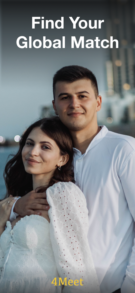 Interracial Dating – 4Meet - A happy young couple smiling together on the 4Meet interracial dating app splash screen featuring the text Find Your Global Match