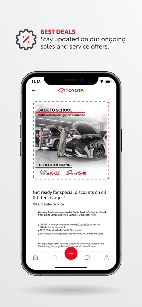 Toyota Bahrain - Toyota Bahrain app screen showing oil and filter change service deals and promotions