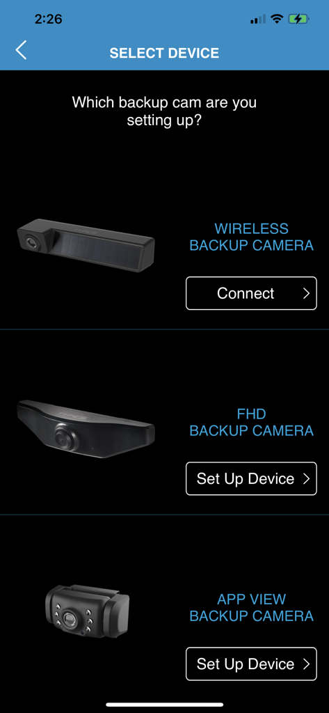 Setup screen in the TYPE S Drive app showing options to connect or set up wireless FHD and App View backup cameras