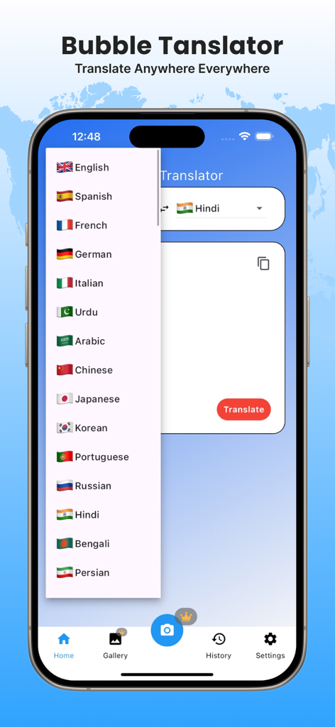 Bubble Translator - A mobile interface of Bubble Translator showing a list of supported languages for text translation on an iPhone.