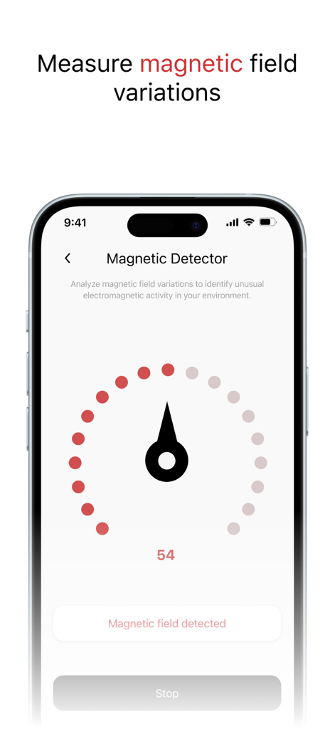 Device Detect - Scanner Secret - Interface of the Device Detect app showing a magnetic field detector with a gauge measuring electromagnetic activity to identify hidden electronic devices