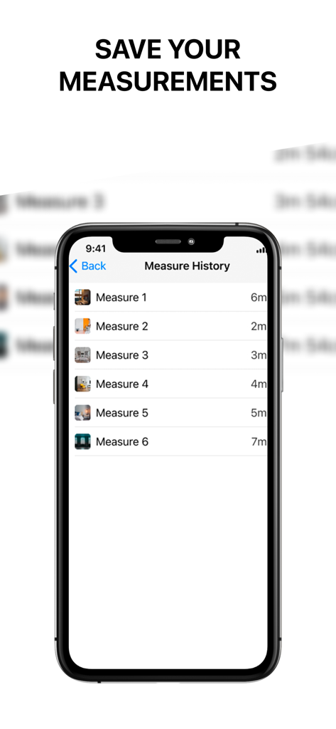 Measure Height With Camera App - An iPhone showing the Measure History page with several saved height measurements.