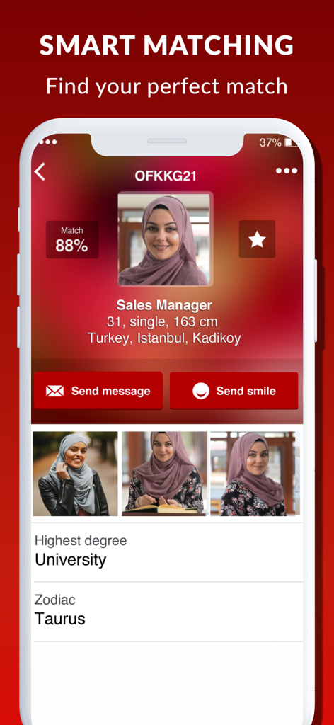 eCift mobile app user profile showing a high match percentage and personal professional details