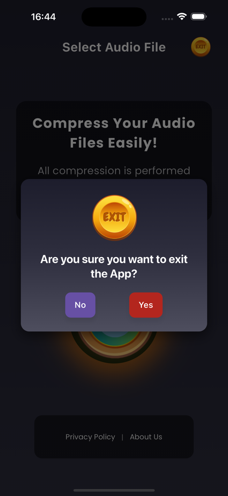 Audio Compressor MP3 - Exit confirmation dialog in the Audio Compressor MP3 app asking the user if they want to quit
