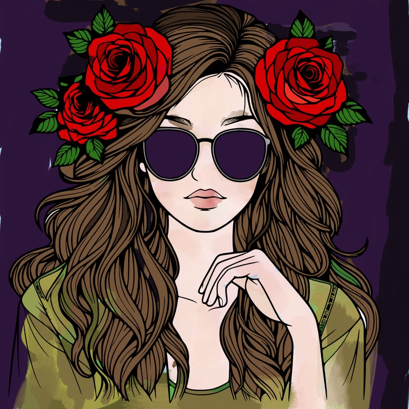 realistic girl with roses in hair and sunglasses