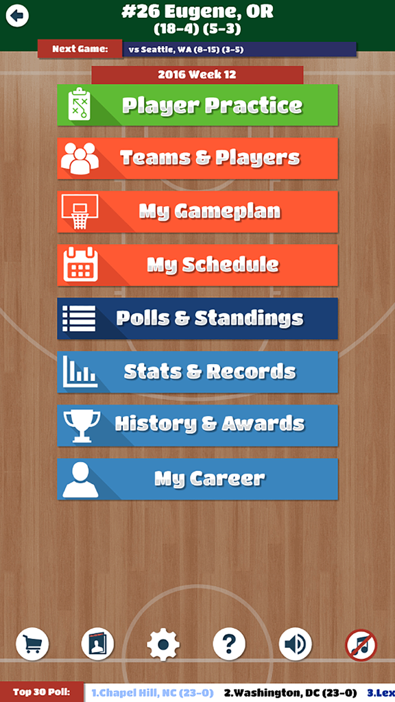 Main menu screen of College BBALL Coach app showing management options on a basketball court background
