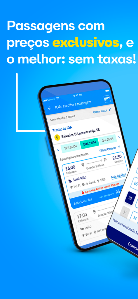Águia Branca Passagens - Uno smartphone che mostra la schermata dell'app Aguia Branca per la ricerca di biglietti dell'autobus tra Salvador e Aracaju con prezzi esclusivi e senza commissioni di servizio.