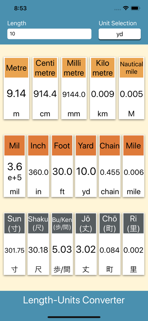 Length-Units Converter - 길이 단위 변환기 앱 화면에서 야드를 미터법, 야드파운드법 및 전통 일본식 단위로 동시 변환하는 것을 보여줌