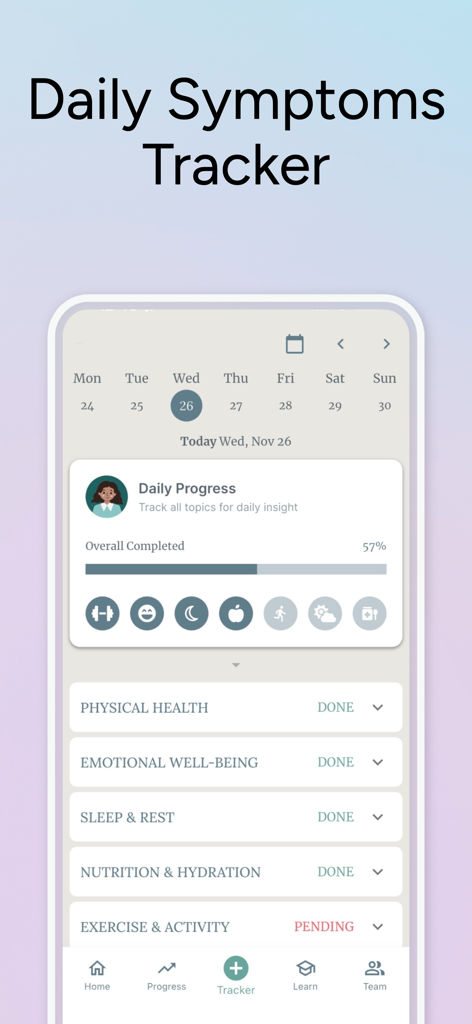 Lupus Journey - Daily symptoms tracker interface in the Lupus Journey app showing health progress and categories