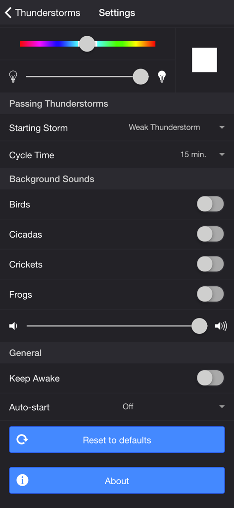 Thunderstorm Simulator - Tela de configurações do aplicativo Simulador de Tempestade mostrando opções para sons de fundo de tempestades passageiras e preferências gerais do aplicativo