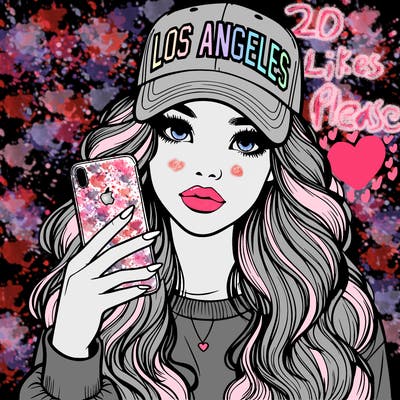 realistic beautiful girl wearing los ángeles cap holding an iphone