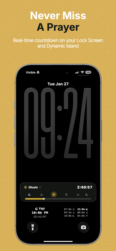 Prayer Pause: Salah & Focus - iPhone lock screen showing a prayer time countdown widget with Live Activities