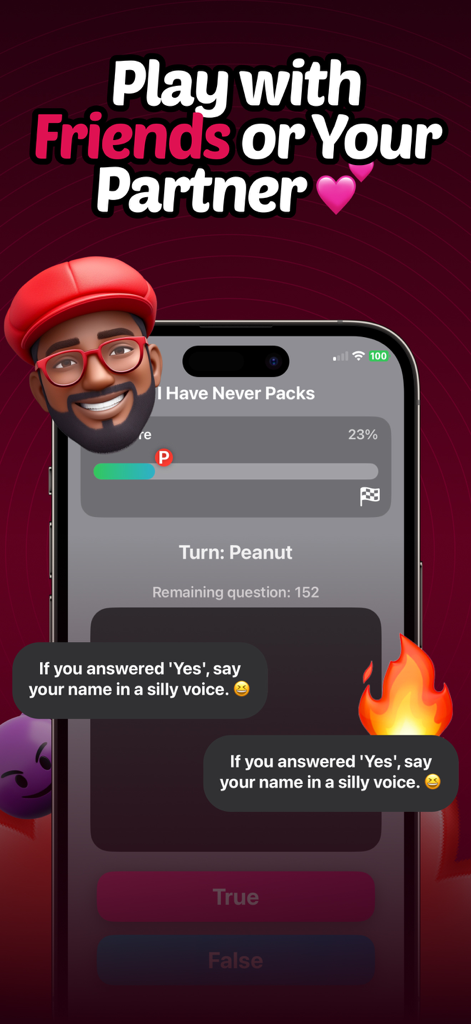 Truth or Dare Spicy Party Game - Interface do Jogo Picante de Verdade ou Desafio mostrando um aviso de desafio Eu Nunca