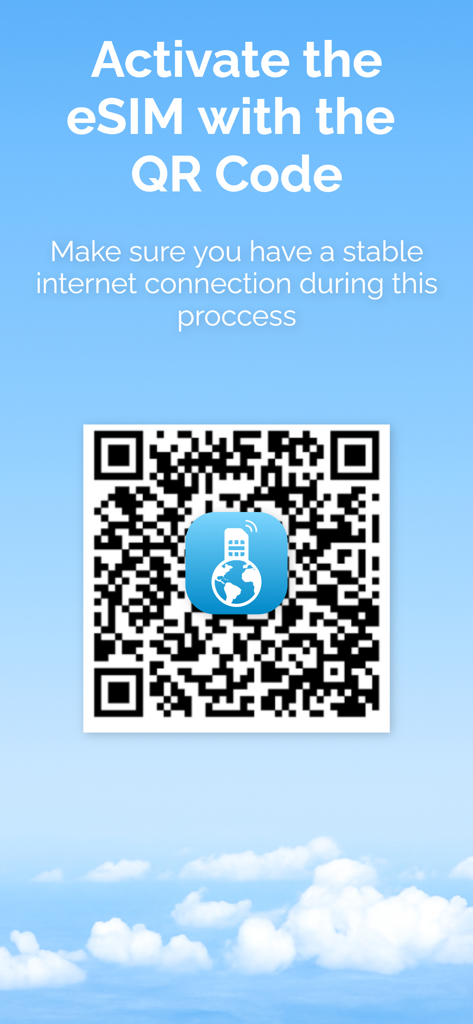 Simly eSIM: Travel & Connect - Simly app screen showing a QR code for eSIM activation against a blue sky background