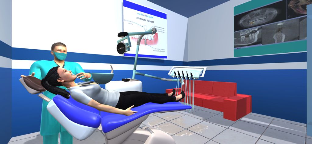 Real Doctor Hospital Game - A dentist preparing to treat a patient in the dental clinic level of the hospital simulator.