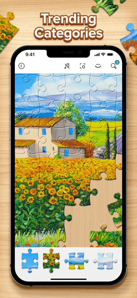 Jigsaw Puzzles: Puzzle Game HD - 해바라기 밭과 시골집 그림을 보여주는 디지털 직소 퍼즐 게임.