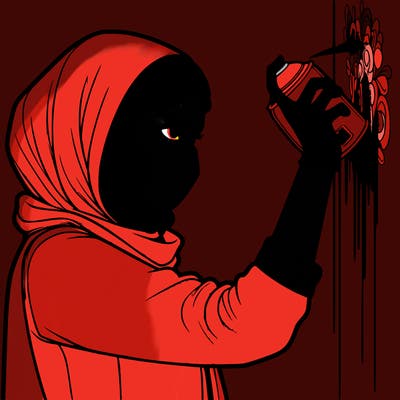 realistic girl with mask spray painting a wall