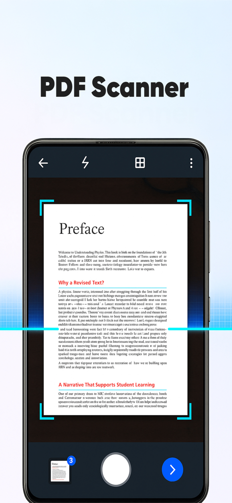 PDF Reader - Scan & View - Un smartphone escaneando un documento en papel con la interfaz de escáner inteligente de la aplicación Lector de PDF.