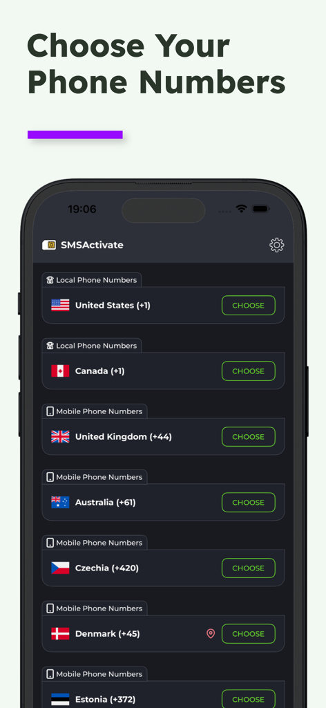 Interfaz de la app SMSActivate para elegir números de teléfono virtuales de diferentes países