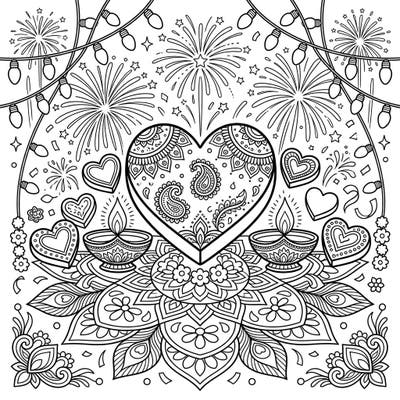 Immerse yourself in the joy of Diwali with this beautifully intricate coloring page, combining festive chocolate hearts with traditional symbols. This design offers a delightful blend of celebration and artistic expression perfect for all ages.