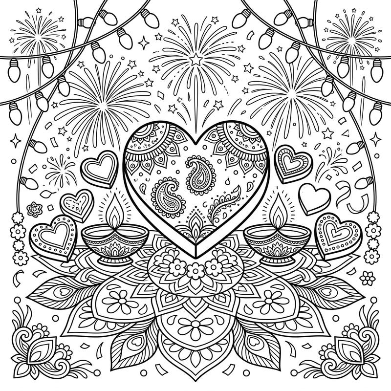 Immerse yourself in the joy of Diwali with this beautifully intricate coloring page, combining festive chocolate hearts with traditional symbols. This design offers a delightful blend of celebration and artistic expression perfect for all ages.