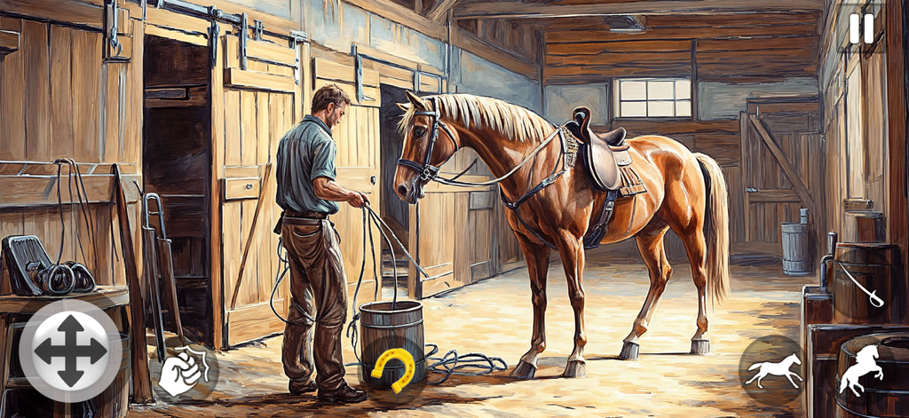 Pony Games Strategy Race - Elias and his horse Ember inside a wooden stable with game UI elements