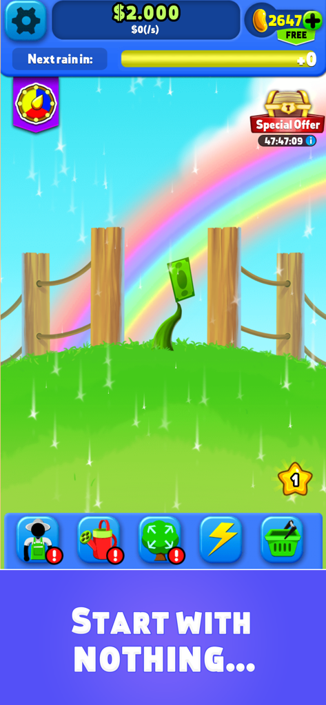 Captura de tela do jogo Money Tree mostrando um pequeno broto de nota de dólar em uma colina verde com um arco-íris ao fundo.