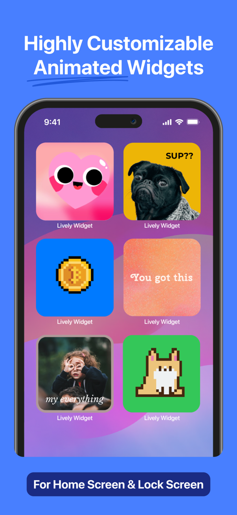 Lively Widget - 5000+ Designs - Exibição do iPhone mostrando uma variedade de widgets animados personalizados, incluindo pixel art, um pug e citações motivacionais