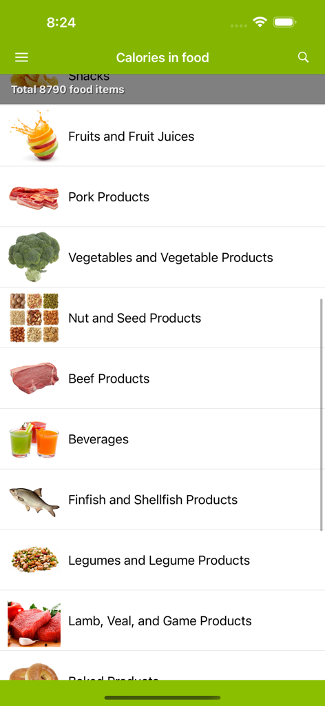 Mobile app interface displaying a list of food categories including fruits vegetables and meats for nutritional tracking